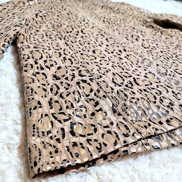 LINEAR Leopard Print Metallic Gold Crop Sleeve Open Front Stylish Jacket - Picture 5 of 8